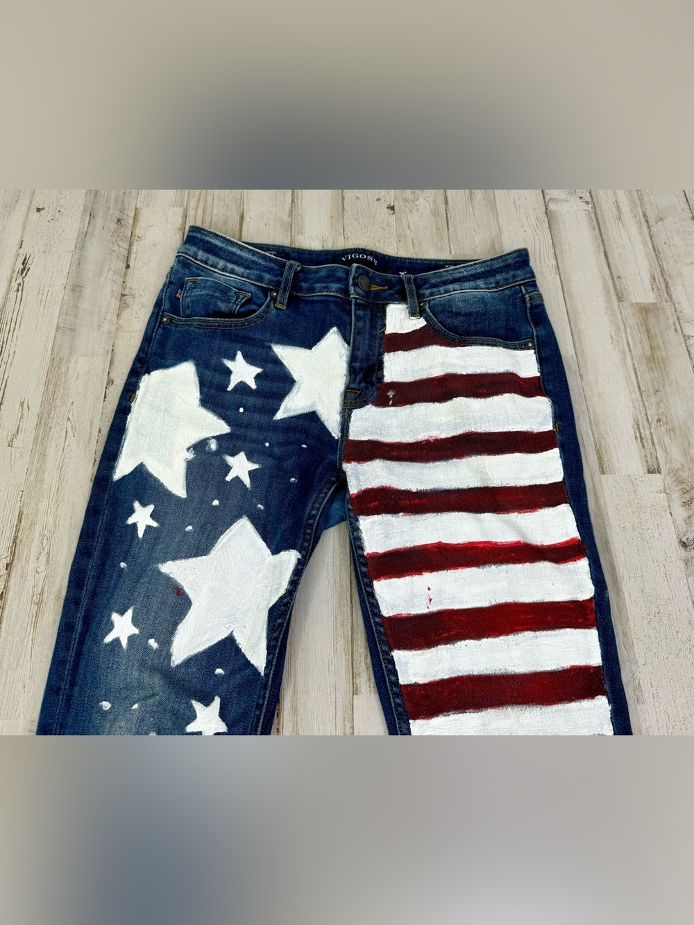 VIGOSS Skinny Leg Jeans Women’s 28x29 Blue Wash Stretch Denim USA Flag Print - Picture 2 of 12